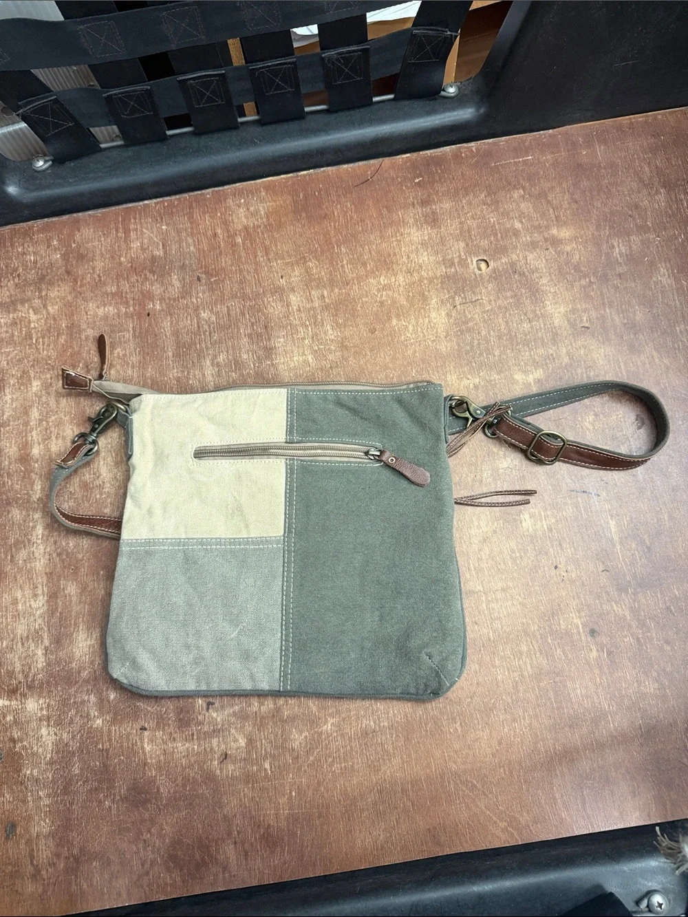 Canvas Patchwork Crossbody Bag in Olive and Tan